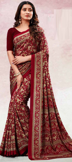 Red and Maroon color Saree in Crepe Silk fabric with Floral, Printed work