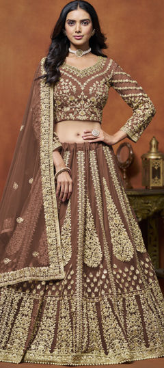 Beige and Brown color Lehenga in Net fabric with Embroidered, Thread, Zari work