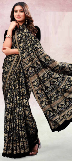 Black and Grey color Saree in Crepe Silk fabric with Floral, Printed work