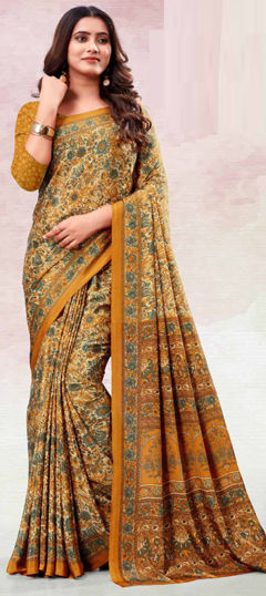 Yellow color Saree in Crepe Silk fabric with Floral, Printed work