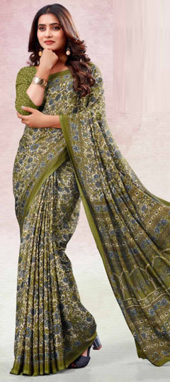 Green color Saree in Crepe Silk fabric with Floral, Printed work