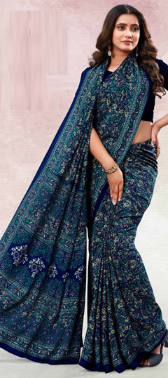 Blue color Saree in Crepe Silk fabric with Floral, Printed work