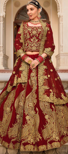 Red and Maroon color Lehenga in Velvet fabric with Embroidered, Stone, Thread work