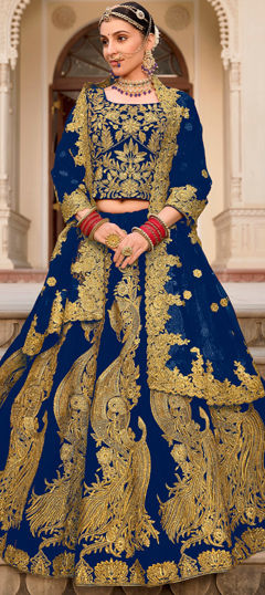 Blue color Lehenga in Velvet fabric with Embroidered, Stone, Thread work