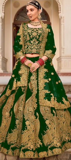 Green color Lehenga in Velvet fabric with Embroidered, Stone, Thread work