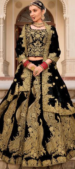 Black and Grey color Lehenga in Velvet fabric with Embroidered, Stone, Thread work