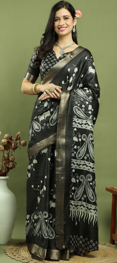 Black and Grey color Saree in Blended fabric with Floral, Printed, Weaving, Zari work