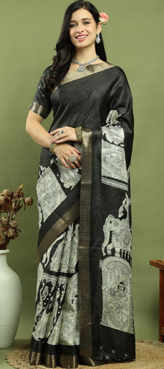 Black and Grey color Saree in Blended fabric with Floral, Printed, Weaving, Zari work