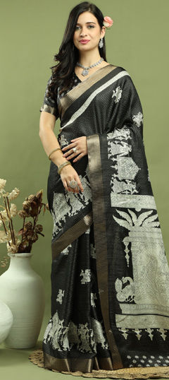 Black and Grey color Saree in Blended fabric with Floral, Printed, Weaving, Zari work