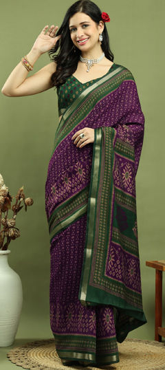 Purple and Violet color Saree in Blended fabric with Floral, Printed, Weaving, Zari work