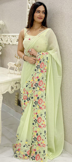 Green color Saree in Shimmer fabric with Embroidered, Sequence, Thread work