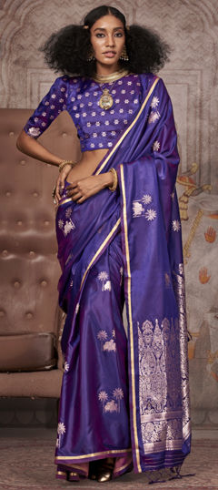 Blue color Saree in Satin Silk fabric with Thread, Zari work