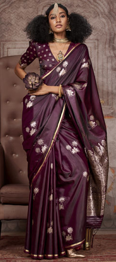 Red and Maroon color Saree in Satin Silk fabric with Thread, Zari work