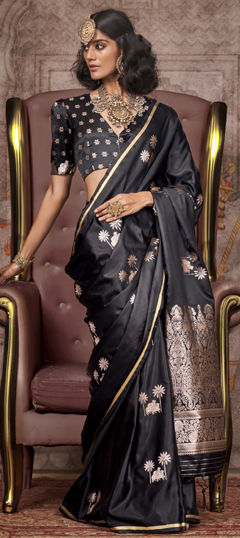 Black and Grey color Saree in Satin Silk fabric with Thread, Zari work