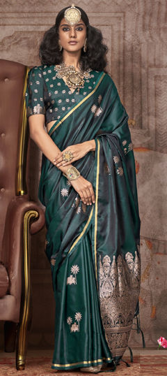 Green color Saree in Satin Silk fabric with Thread, Zari work