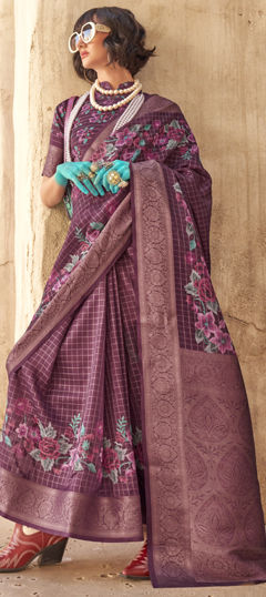 Pink and Majenta color Saree in Georgette fabric with Floral, Printed, Weaving work