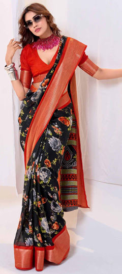 Black and Grey color Saree in Art Silk fabric with Floral, Printed work