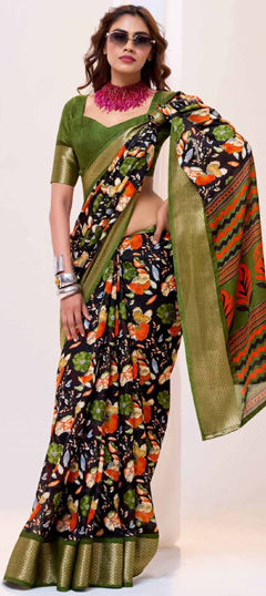 Black and Grey color Saree in Art Silk fabric with Floral, Printed work