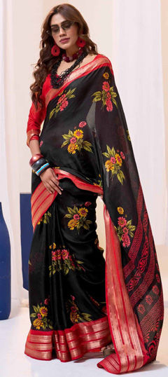 Black and Grey color Saree in Art Silk fabric with Floral, Printed work