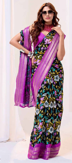 Black and Grey color Saree in Art Silk fabric with Floral, Printed work