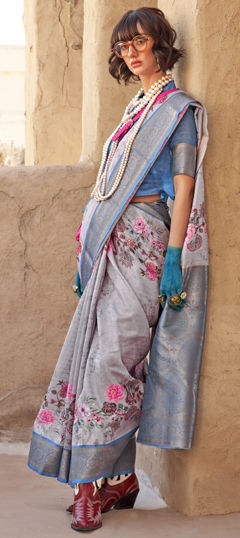 Festive, Party Wear Black and Grey color Saree in Georgette fabric with Classic Floral, Printed, Weaving work : 1976520