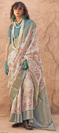 Festive, Party Wear Beige and Brown color Saree in Georgette fabric with Classic Floral, Printed, Weaving work : 1976521