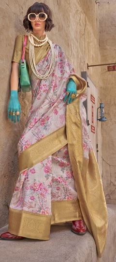 Festive, Party Wear Black and Grey color Saree in Georgette fabric with Classic Floral, Printed, Weaving work : 1976522