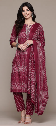 Red and Maroon color Salwar Kameez in Cotton fabric with Embroidered, Printed, Thread, Zari work