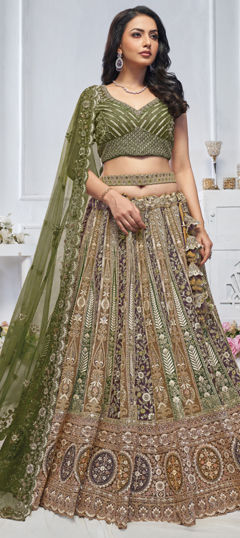 Green color Lehenga in Net fabric with Embroidered, Sequence, Stone, Thread, Zari work