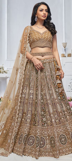 Beige and Brown color Lehenga in Net fabric with Embroidered, Sequence, Stone, Thread, Zari work