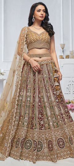 Gold color Lehenga in Net fabric with Embroidered, Sequence, Stone, Thread, Zari work