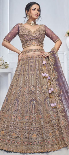 Purple and Violet color Lehenga in Net fabric with Embroidered, Sequence, Stone, Thread, Zari work