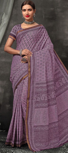 Party Wear, Traditional Purple and Violet color Saree in Cotton fabric with Bengali Printed work : 1976642