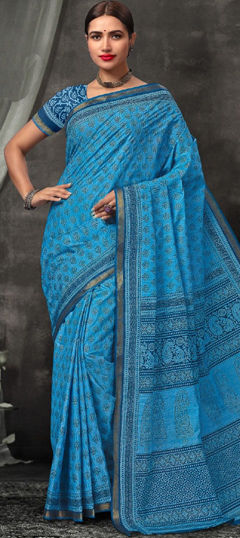 Party Wear, Traditional Blue color Saree in Cotton fabric with Bengali Printed work : 1976644