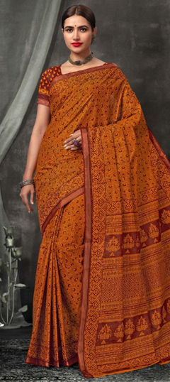 Party Wear, Traditional Beige and Brown color Saree in Cotton fabric with Bengali Printed work : 1976647