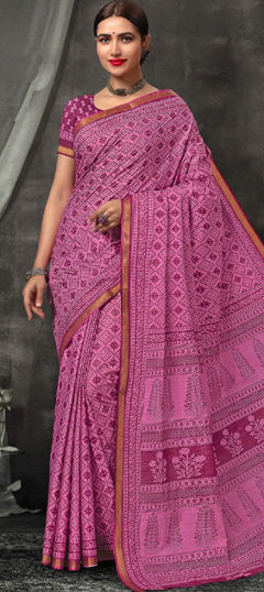 Party Wear, Traditional Pink and Majenta color Saree in Cotton fabric with Bengali Printed work : 1976650