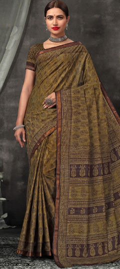 Party Wear, Traditional Green color Saree in Cotton fabric with Bengali Printed work : 1976652