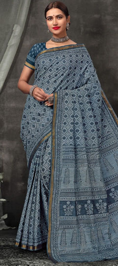 Black and Grey color Saree in Cotton fabric with Printed work