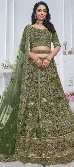 Green color Lehenga in Net fabric with Embroidered, Sequence, Stone, Thread, Zari work