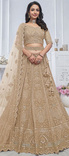 Beige and Brown color Lehenga in Net fabric with Embroidered, Sequence, Stone, Thread, Zari work