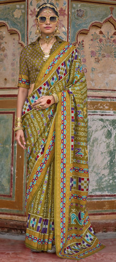 Festive, Traditional Gold color Saree in Silk fabric with South Printed work : 1976670