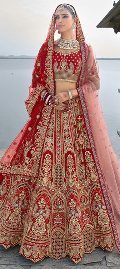 Bridal, Wedding Red and Maroon color Lehenga in Silk fabric with Flared Embroidered, Resham, Sequence, Stone, Thread, Zari work : 1976676