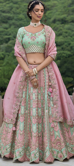 Green, Pink and Majenta color Lehenga in Silk fabric with Embroidered, Resham, Sequence, Stone, Thread work