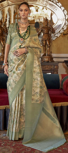 Festive, Traditional Beige and Brown, Green color Saree in Silk fabric with South Printed, Weaving work : 1976681