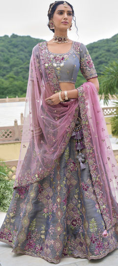 Bridal, Wedding Black and Grey color Lehenga in Silk fabric with Flared Embroidered, Patch, Resham, Sequence, Thread work : 1976682