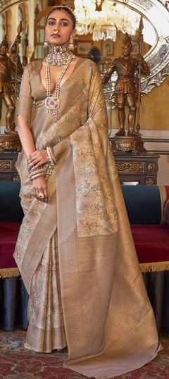 Beige and Brown color Saree in Silk fabric with Printed, Weaving work