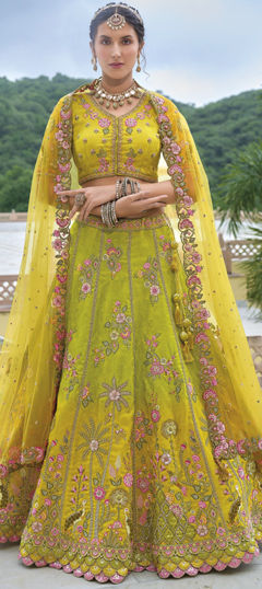 Bridal, Wedding Green, Yellow color Lehenga in Silk fabric with Flared Embroidered, Resham, Sequence, Thread work : 1976684