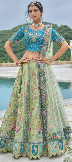 Green color Lehenga in Silk fabric with Embroidered, Resham, Sequence, Thread, Zari work