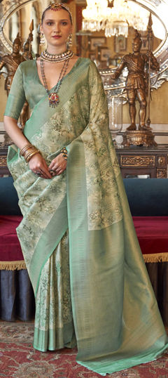 Festive, Traditional Beige and Brown, Blue color Saree in Silk fabric with South Printed, Weaving work : 1976686