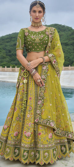 Bridal, Wedding Yellow color Lehenga in Silk fabric with Flared Embroidered, Resham, Sequence, Thread, Zari work : 1976687